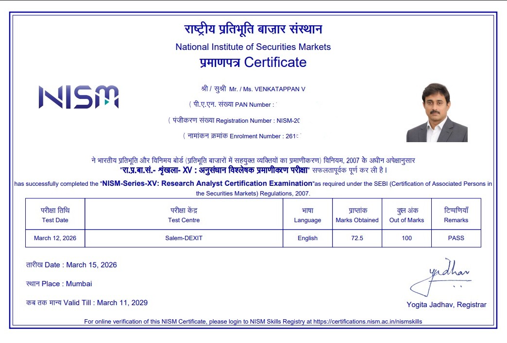 VENKATAPPAN V NISM Exams Testimonial